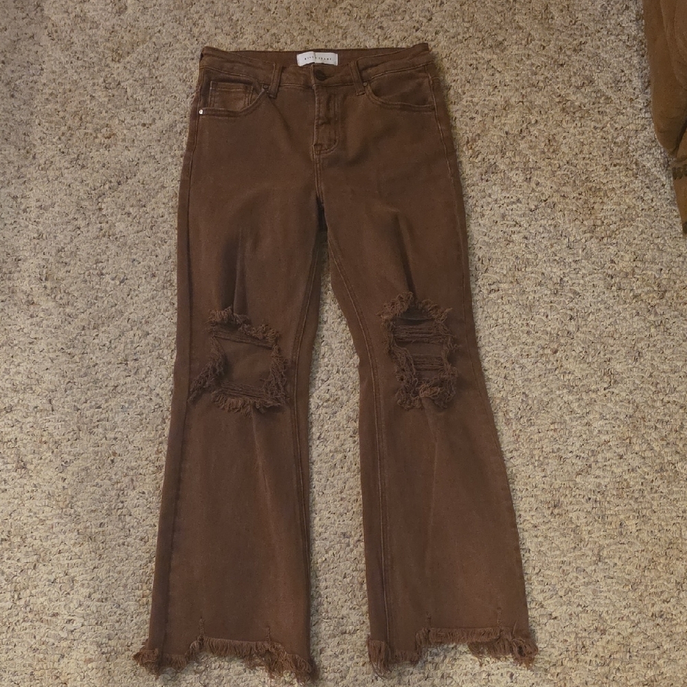 High-Rise Brown Flared Jeans with Distressed Knees